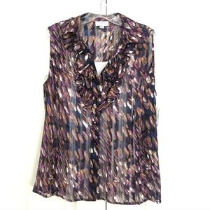 New, sheer, sleeveless, button down ruffle blouse